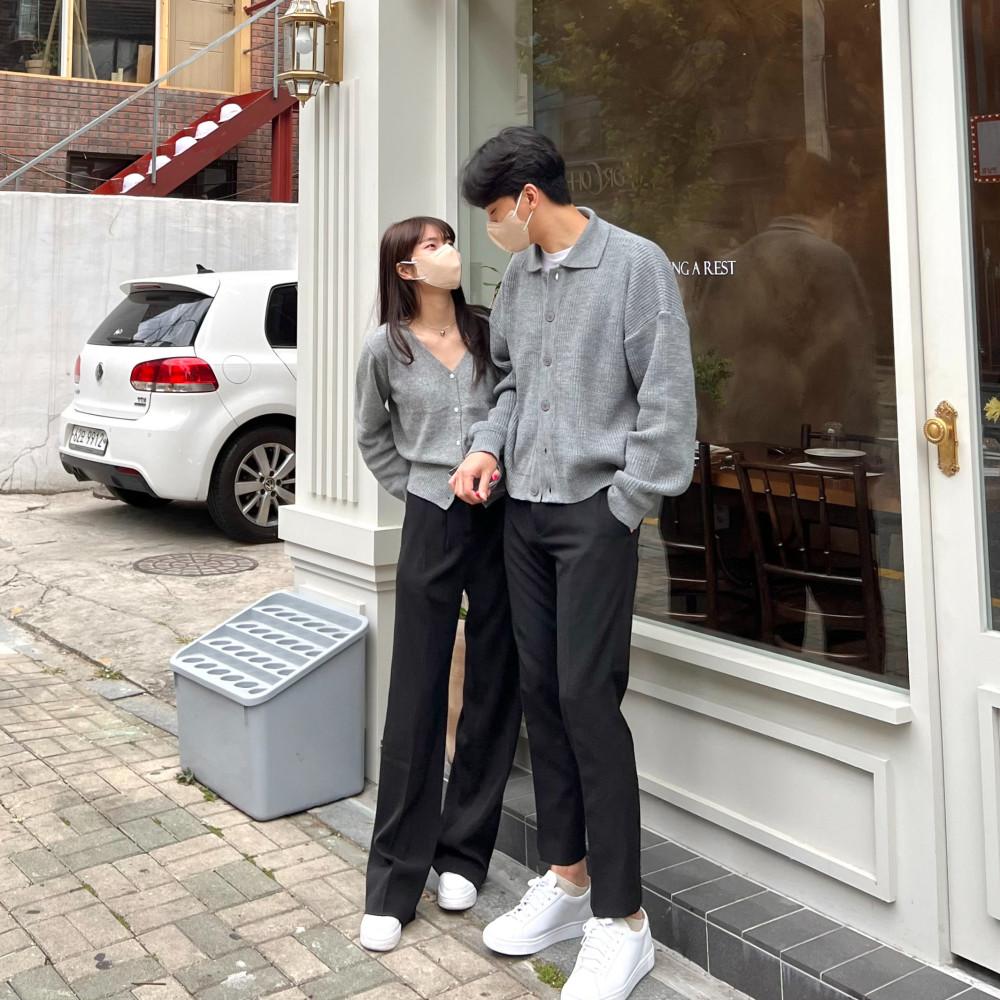 커플시밀러룩 가을 그레이 카라 니트 가디건 신혼여행 데이트룩