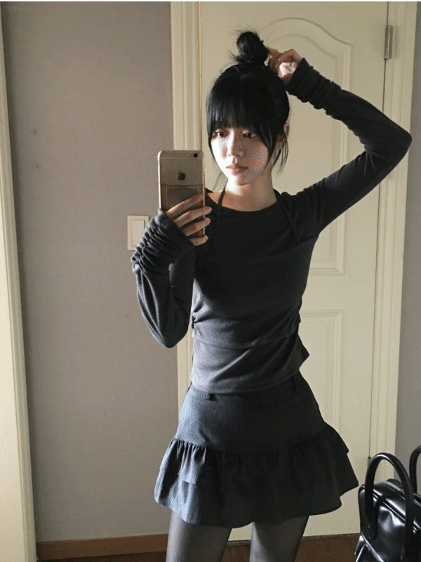 Holter shirring layered T (Ivory, charcoal, black)