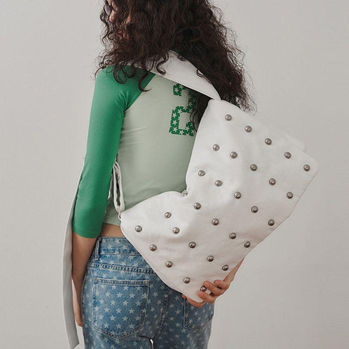 FREAKY STUD LEATHER MESSENGER BAG, WHITE