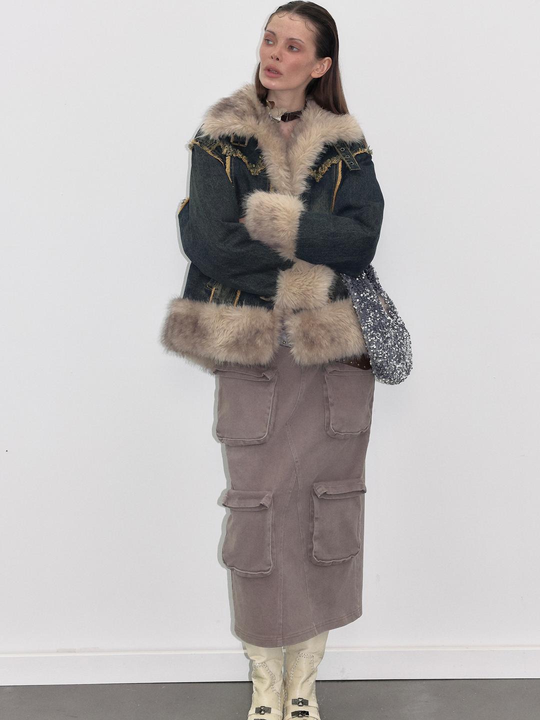 Smoke Grey Cargo Denim Maxi Skirt