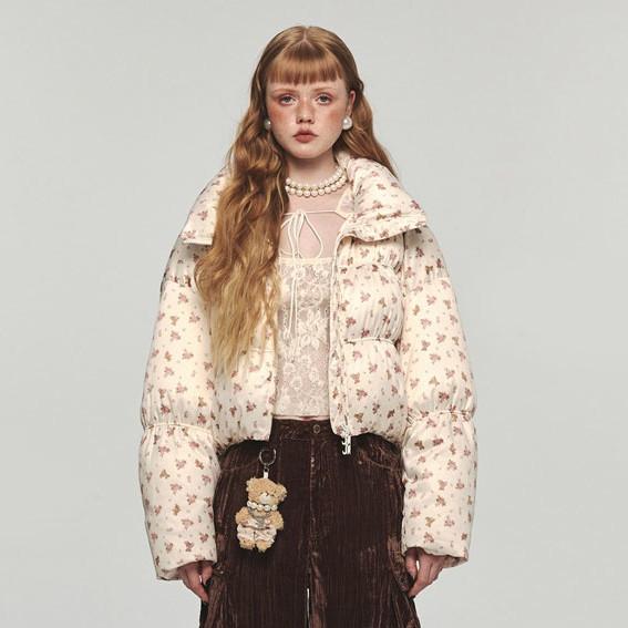 1JINNSTUDIO flower teddy bear pattern short padded jacket