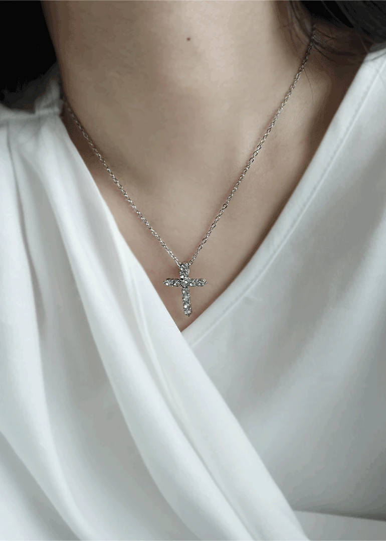 [s.steel] cubic cross necklace | 라운드 큐빅 십자가 목걸이