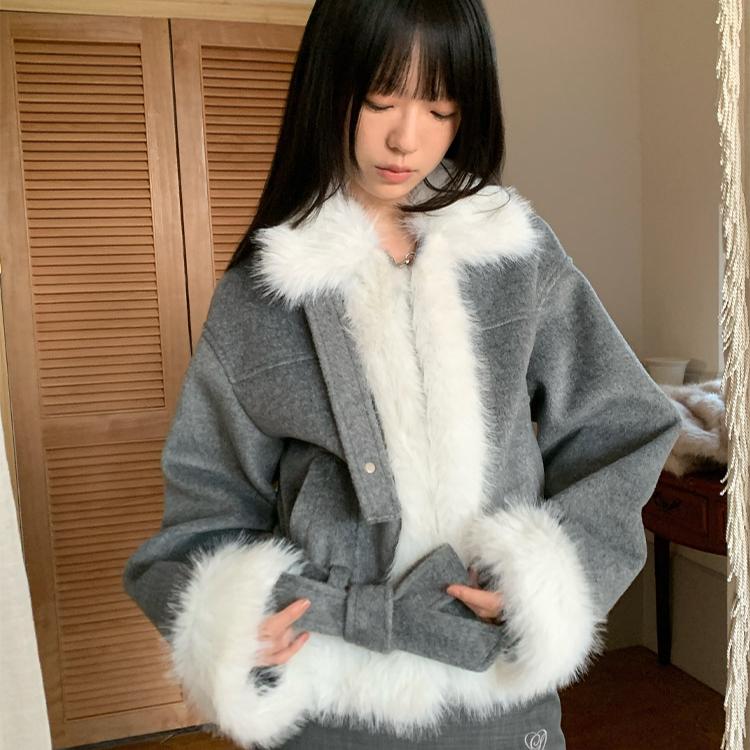 Les Fortes 재킷 그레이 퍼 칼라 윈터 배색 레이스업 모직 자켓