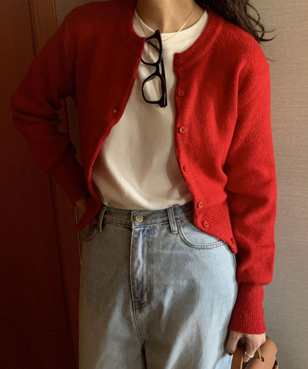 무드프랑 [레드/가을가디건] 하이디 라운드넥 기본 봄 가을 간절기 니트 가디건