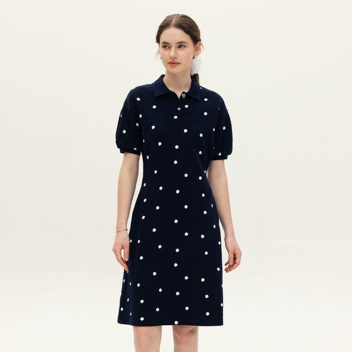 마데이라 볼륨 슬리브 도트 원피스 (Navy)