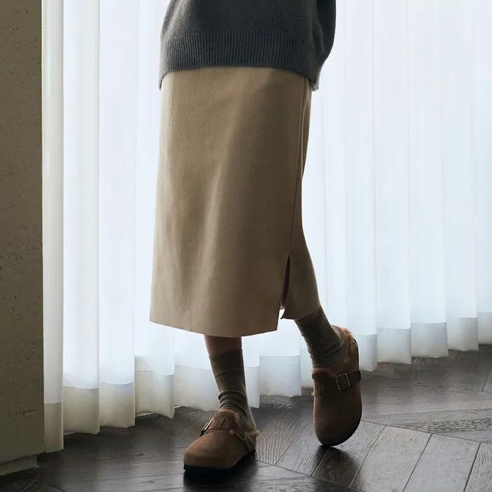 리브드 슬릿 밴딩 스커트 - 크림