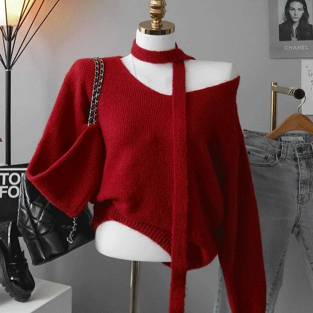 [연말룩❤️🎄머플러세트/루즈핏! 여리무드~포슬포슬 보카시울니트 브이넥니트 크리스마스] 로몬루즈핏울니트(타이SET)