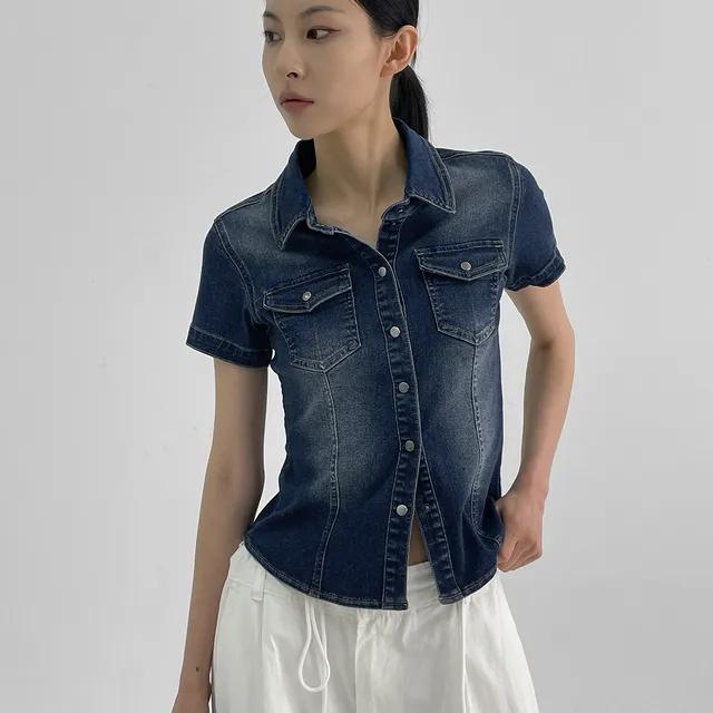 [1천장판매] [MADE] 르페 데님 반팔셔츠 [상의 기본 셔츠 데일리 데님 버튼 반팔 티셔츠 반소매 숏슬리브 슬림핏 크롭 세미크롭]