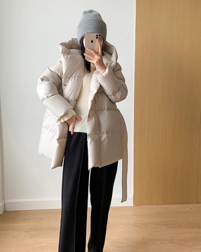 [아이메르]당일/여자 다운 벨트 후드패딩 /한겨울 가벼운루즈핏 A라인 하프 덕다운패딩
