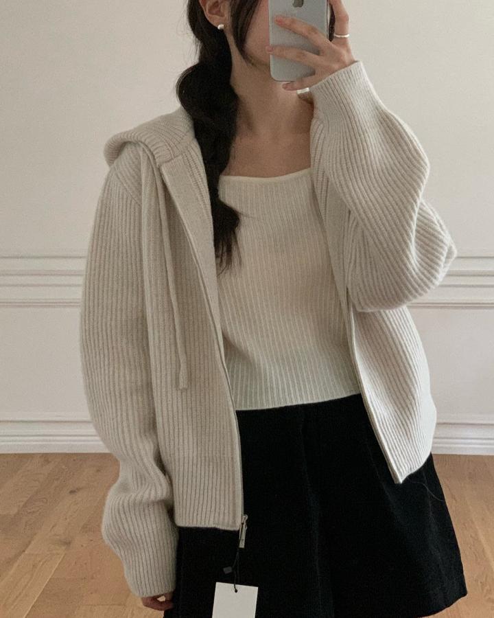 디투링크 에이미그레이스 투웨이 후드니트 심플베이직 데일리룩 골지 긴팔 집업가디건(84940)