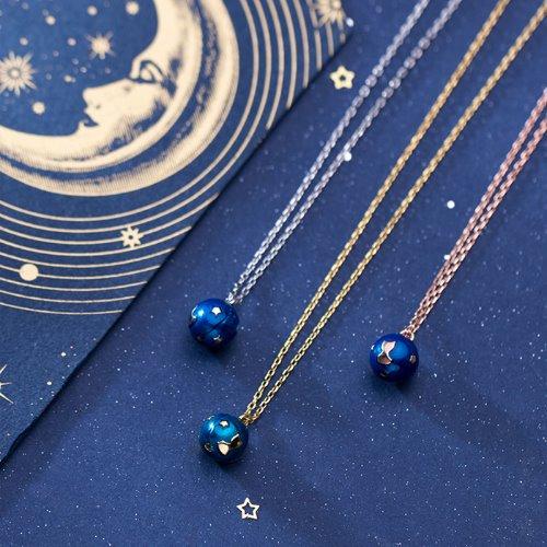 푸른 별 고양이의 행성 은목걸이 [925 Sterling silver 마린 블루 피코코 그린 별 달 고양이 금속 공예 목걸이]