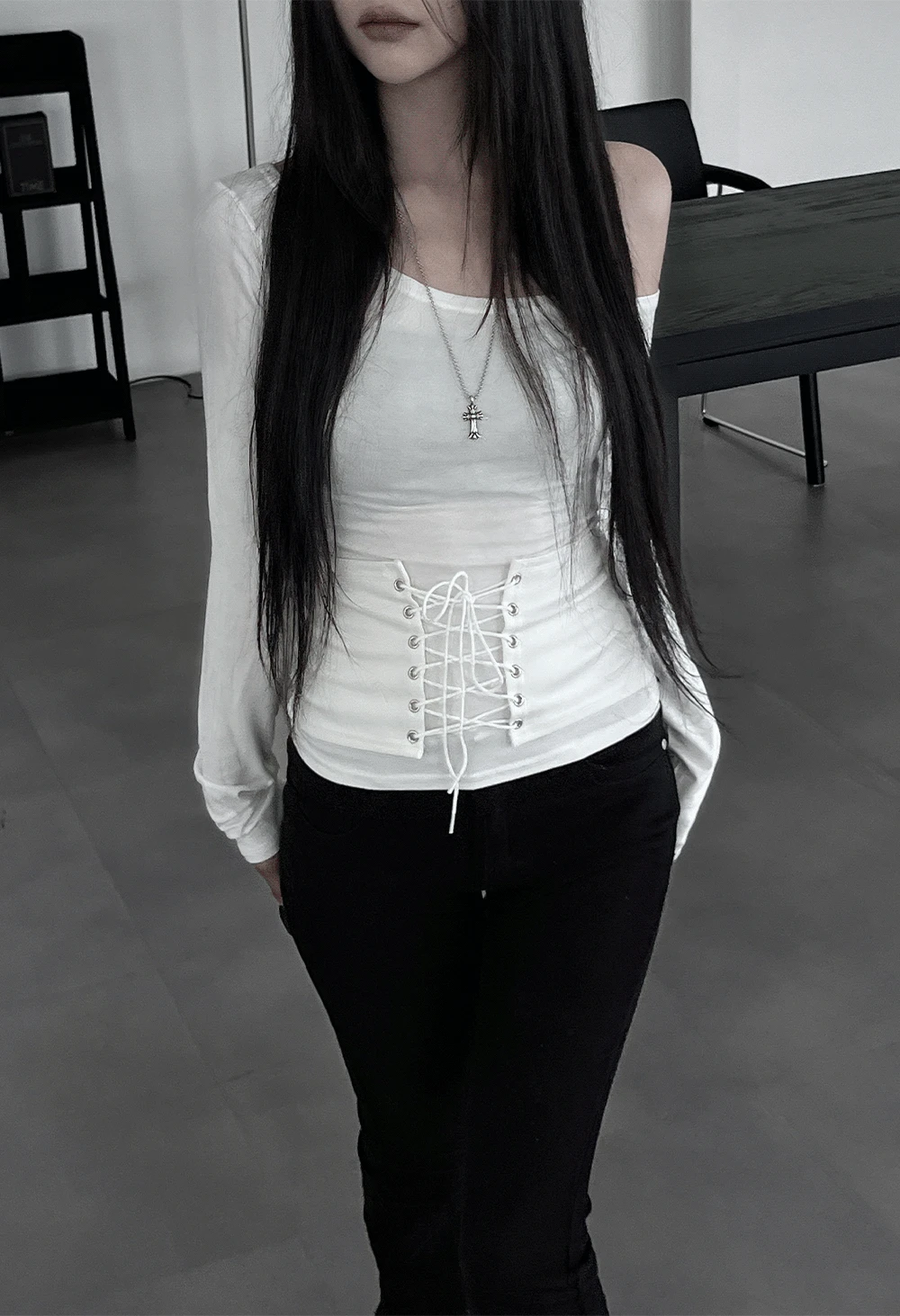 [3COLOR] corset one-shoulder T