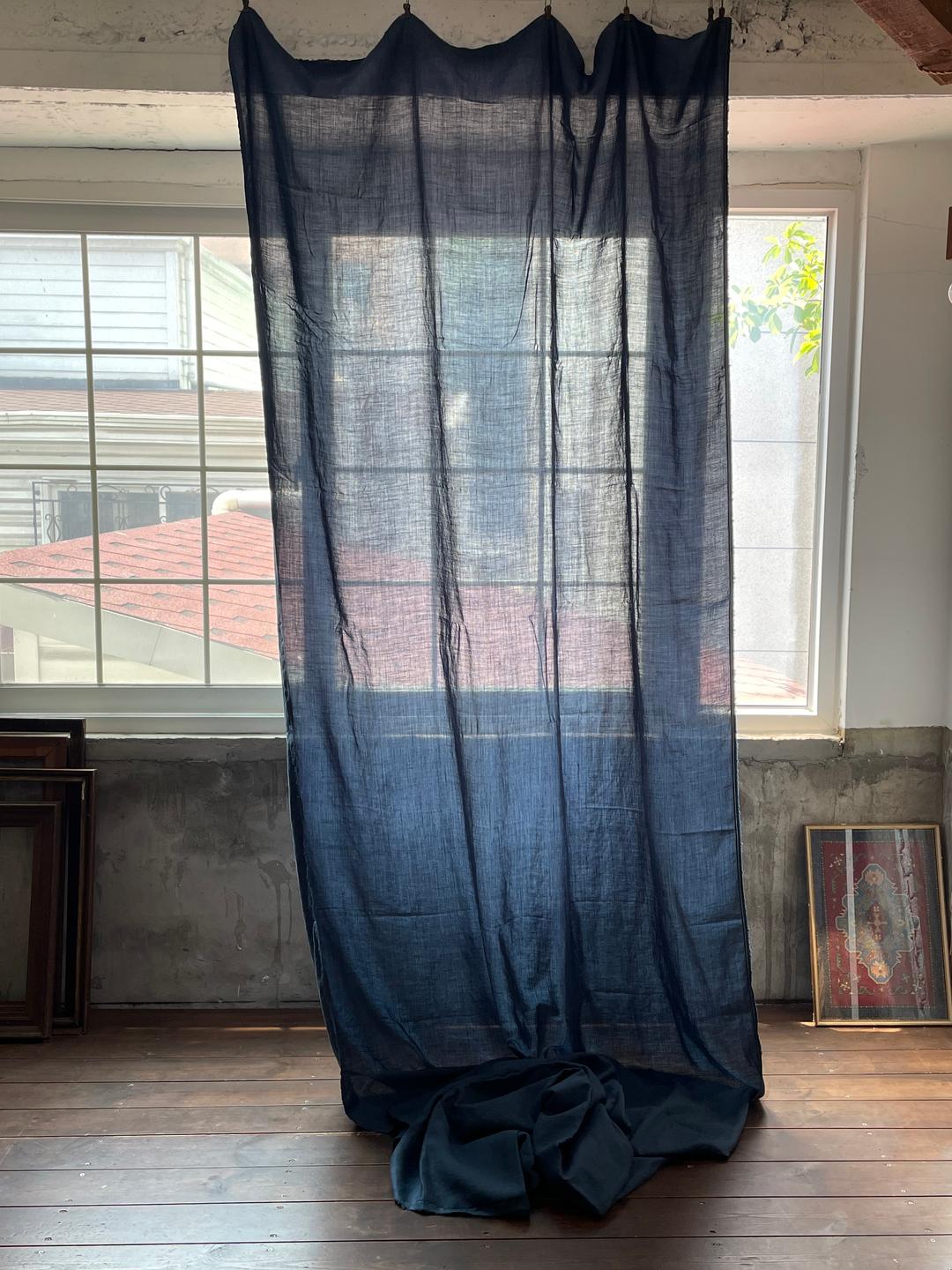 Silky navy blue linen curtain
