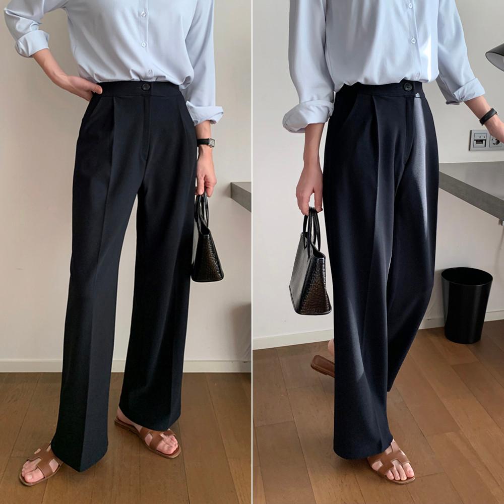 하이웨스트 밴딩슬랙스 핀턱 밴딩 와이드팬츠 여자 슬랙스 여름 정장바지 통바지 블랙 베이지