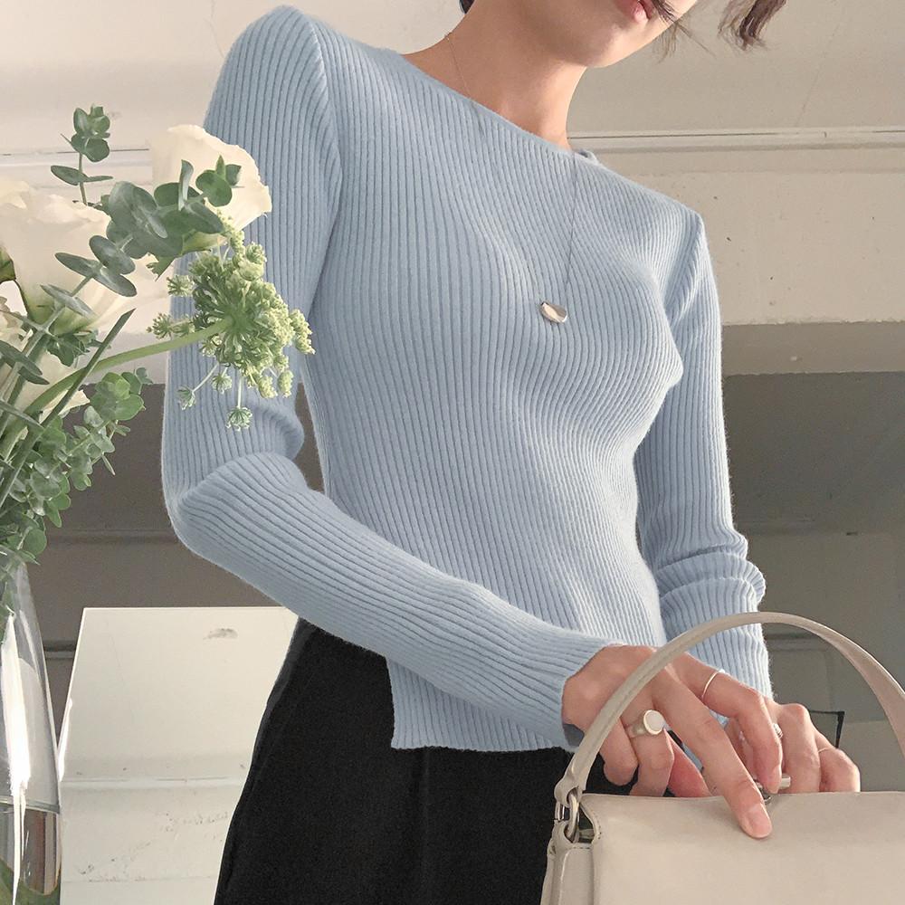 (자체제작) 대니얼 슬림핏 트임 골지 니트 (스카이블루)