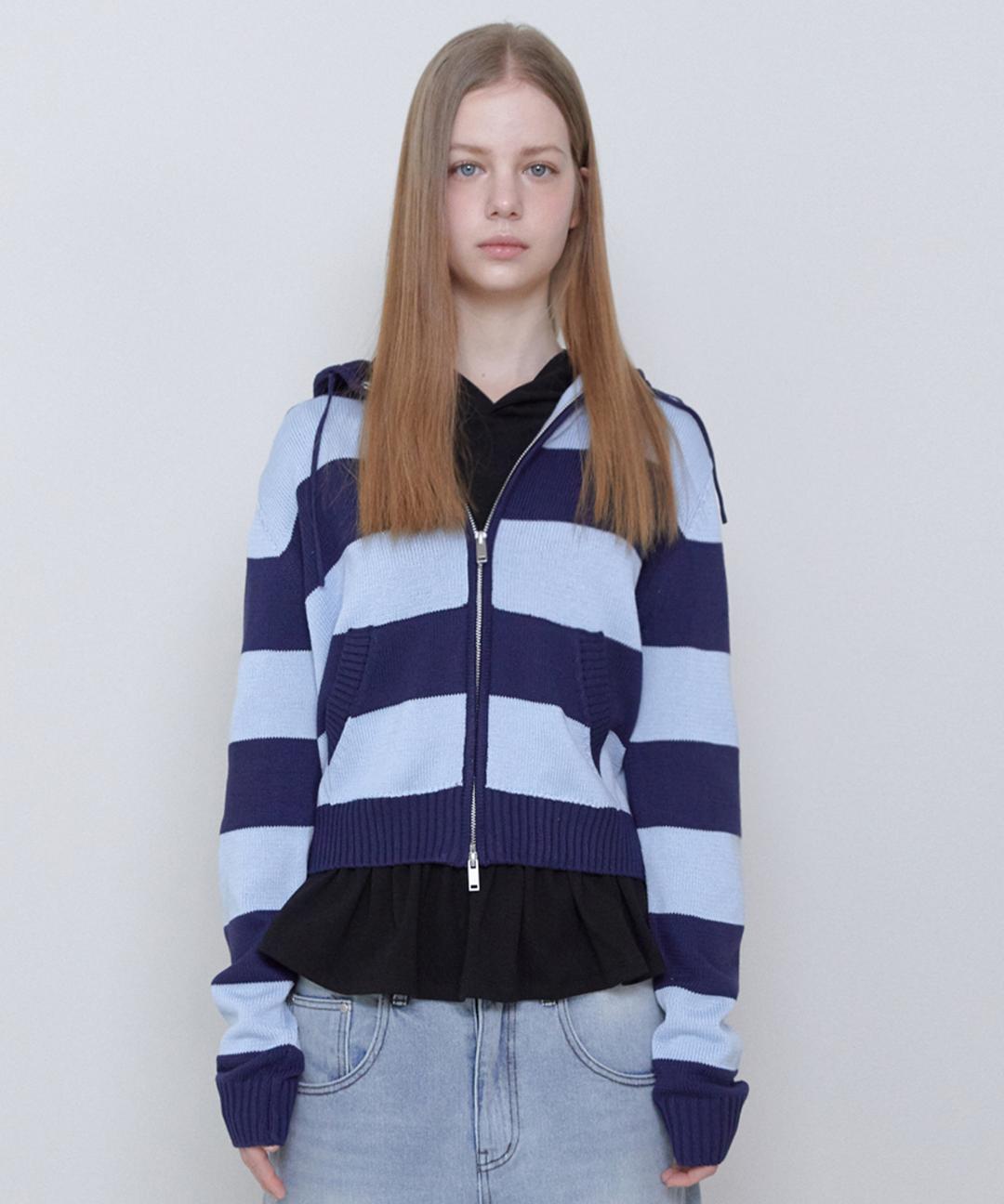 BOLD STRIPE CROP HOOD ZIP UP [SKY BLUE]
