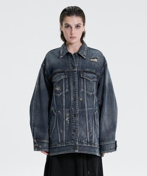 Structured Denim Trucker Jacket [ Navy ]