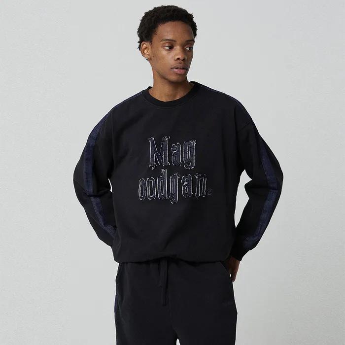 아카릿 3321A 데님패치워크 오버핏 블랙 셋업 스웨트셔츠