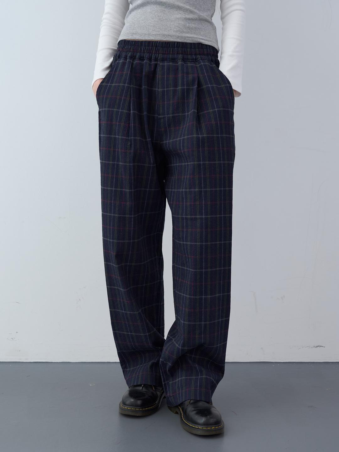 시어서커 체크 와이드 밴딩 팬츠 (Navy)