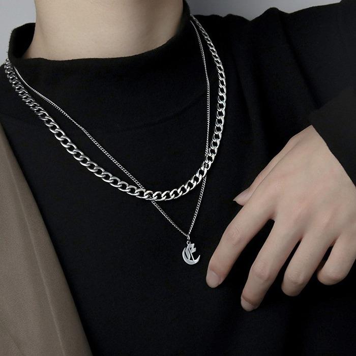 이니셜 레이어드 스틸목걸이