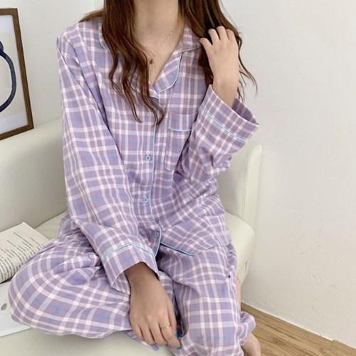 밴프 부드러운  러블리 사계절 심플 체크 카라 파자마세트