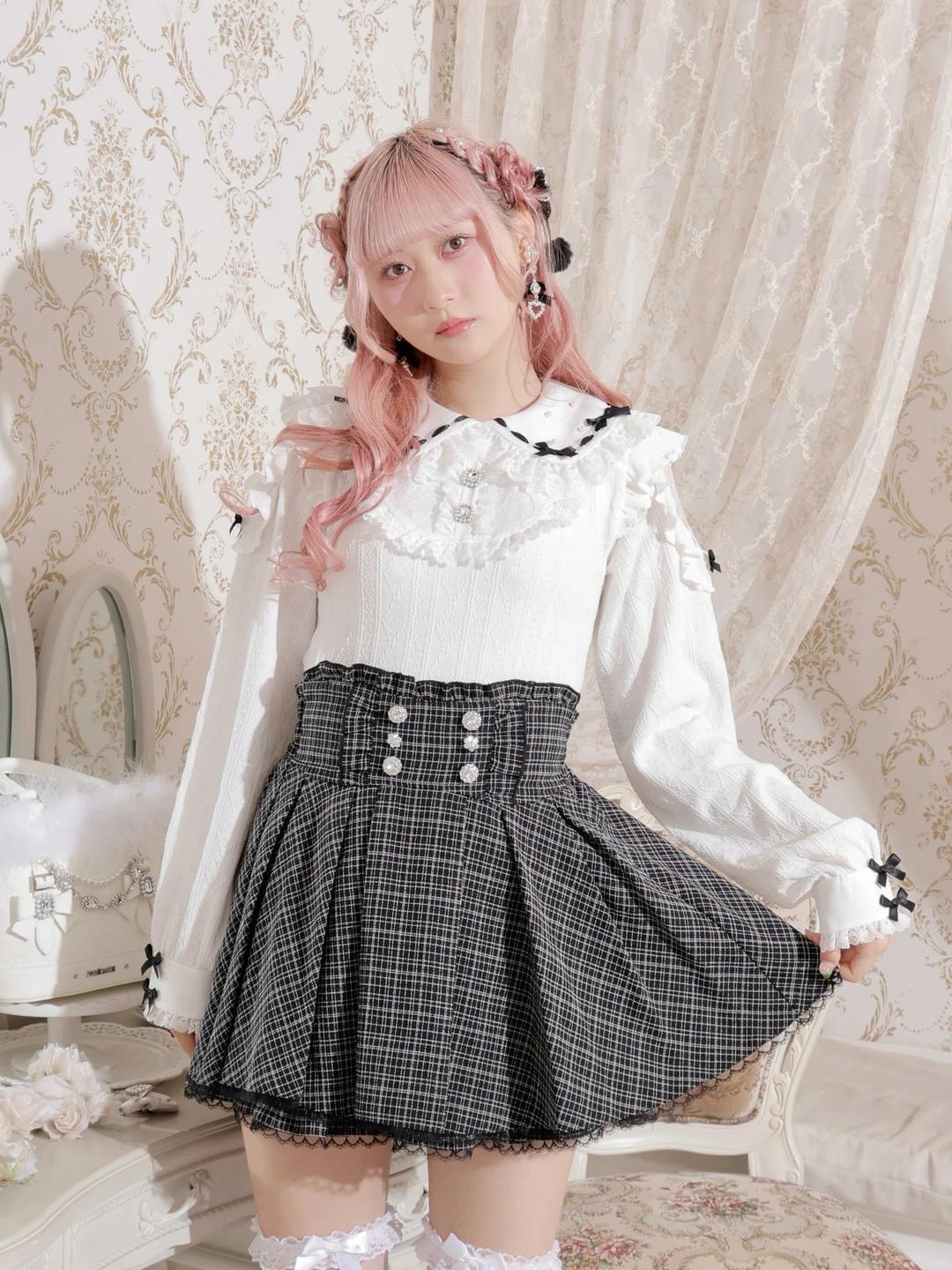 お嬢さんメニーリボンパールオープンショルダーカットソー