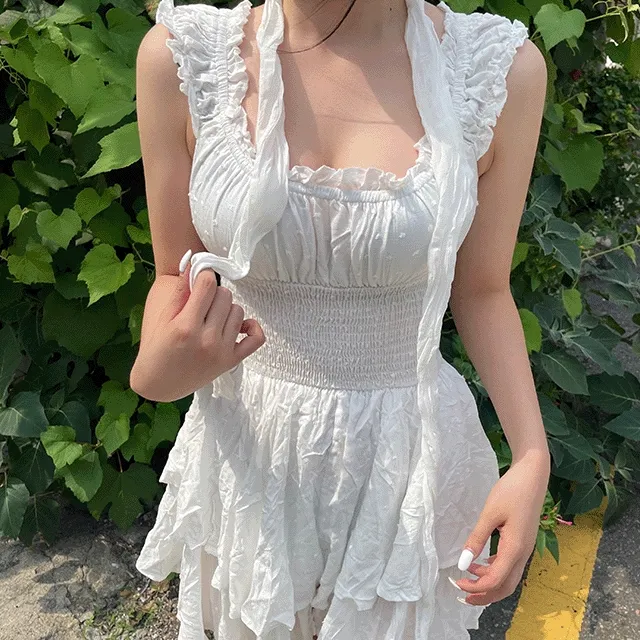 [속바지내장/오프숄더가능] Summer dew frill fairy dress. (2col)