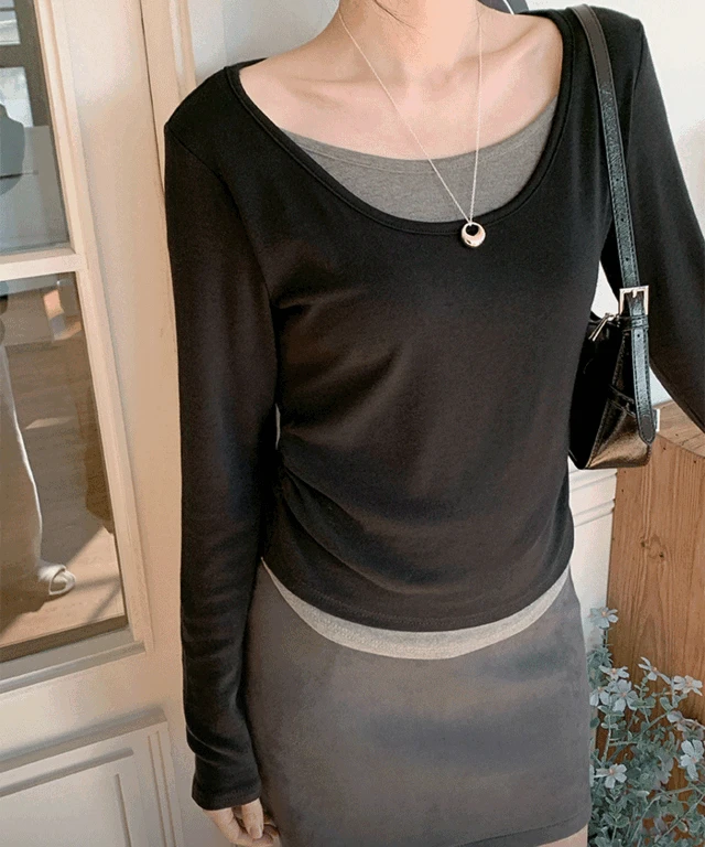 [여리핏] 마론 배색 레이어드 슬림핏 셔링 긴팔 티셔츠 - 7color