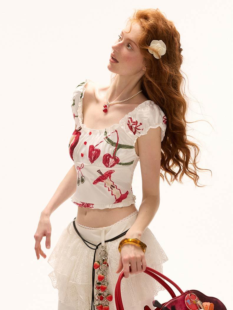 [MAMC] Cherry Graffiti Off-Shoulder Crop Top