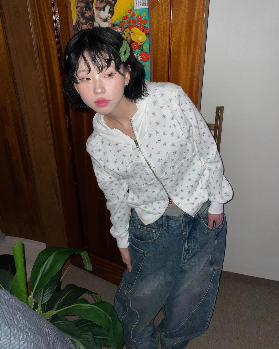 도우치도우치 (2color) 잔꽃 투웨이 와플 후드 집업