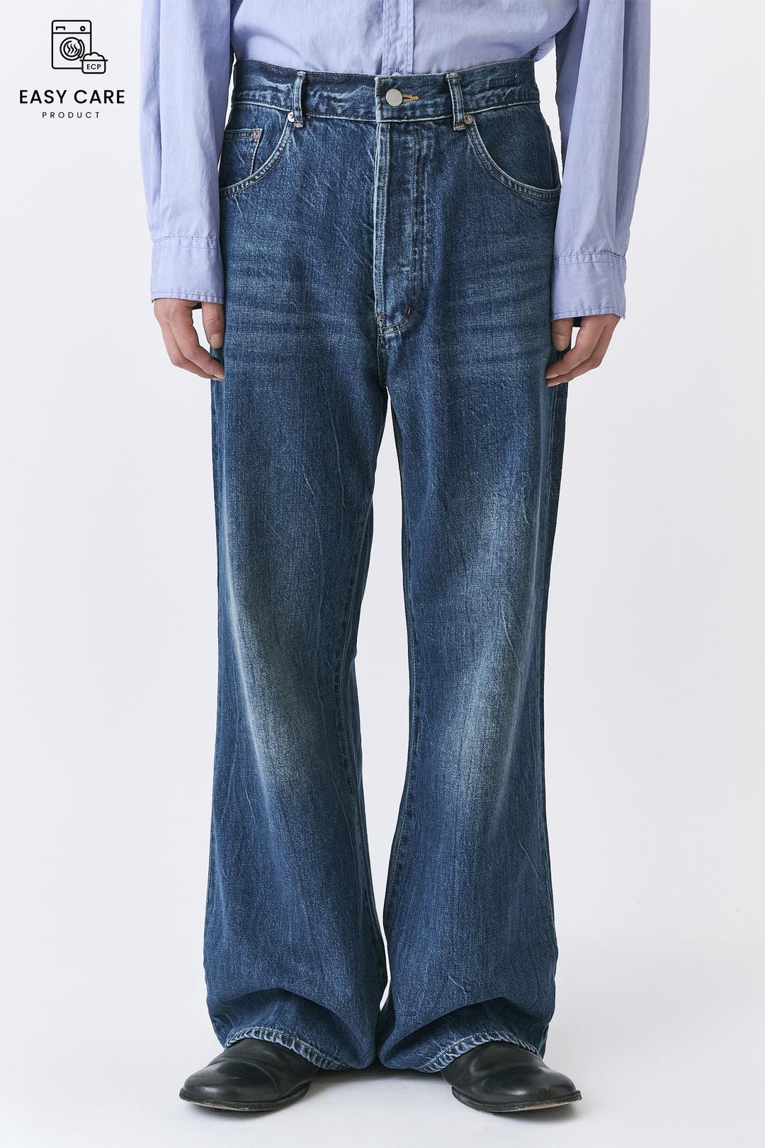 INDIGO BLUE OKAYAMA COTTON BELL BOTTOM FLARE JEANS (LOOSED FIT, ECP GARMENT PROCESS)