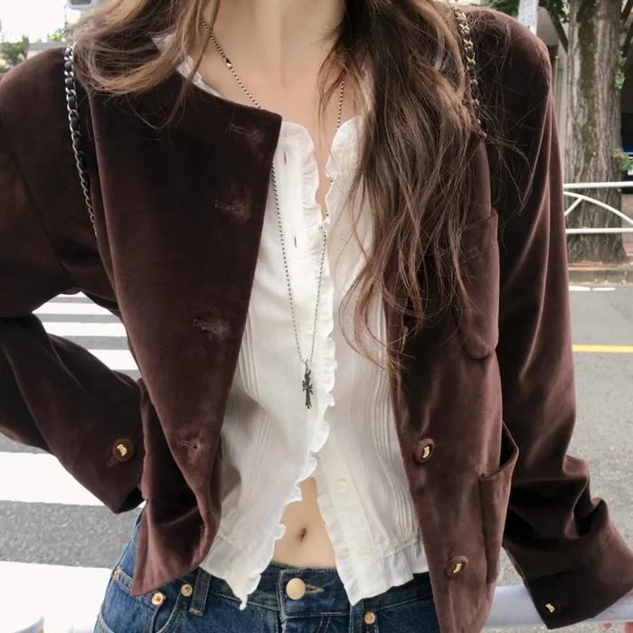 Classy Velvet Collarless Jacket_Brown