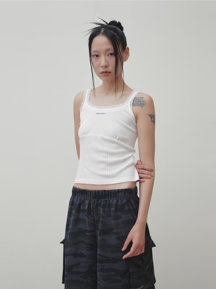 Lace Shirred Tank Top (White)