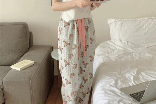 지지미 체크 테디베어 파자마 바지
