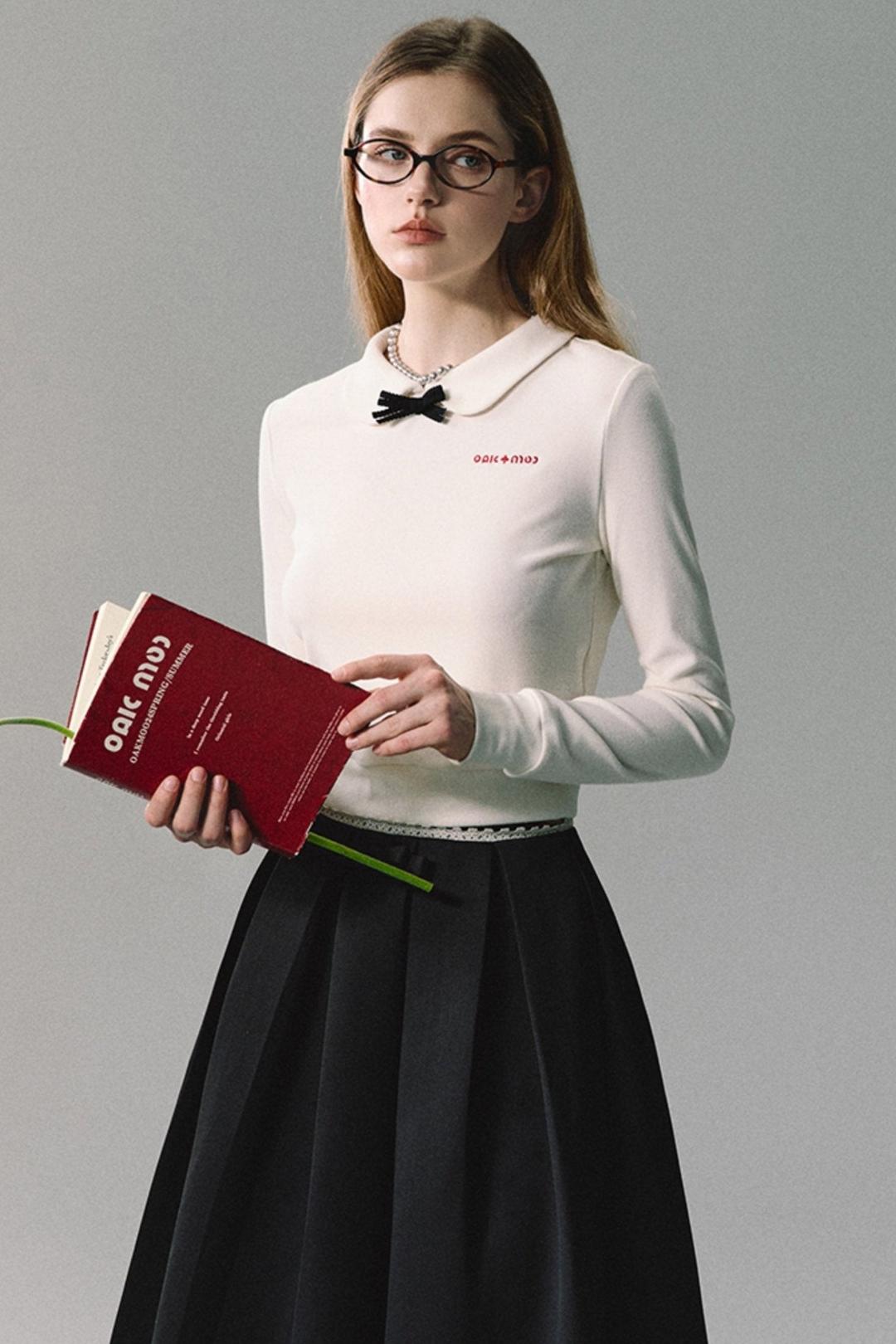 인형 칼라 리본 대학 티셔츠  - 화이트 / S