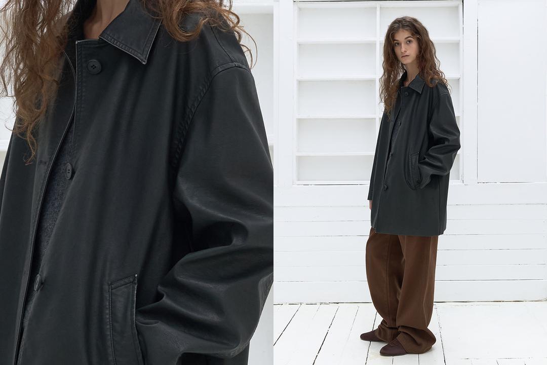 Textured leather half jacket (black)