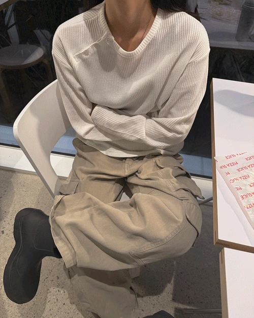 넥 버튼 와플 티셔츠