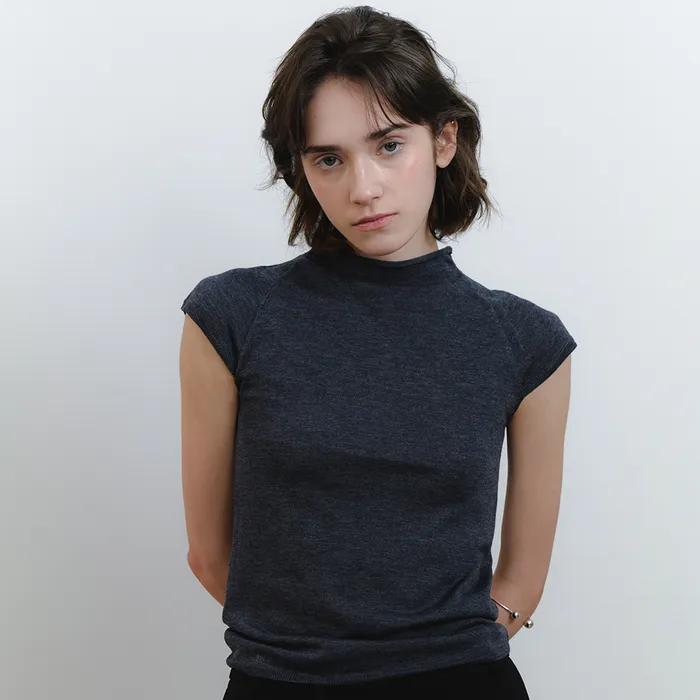 (6차)Cap sleeve Half-neck knitwear_charcoal