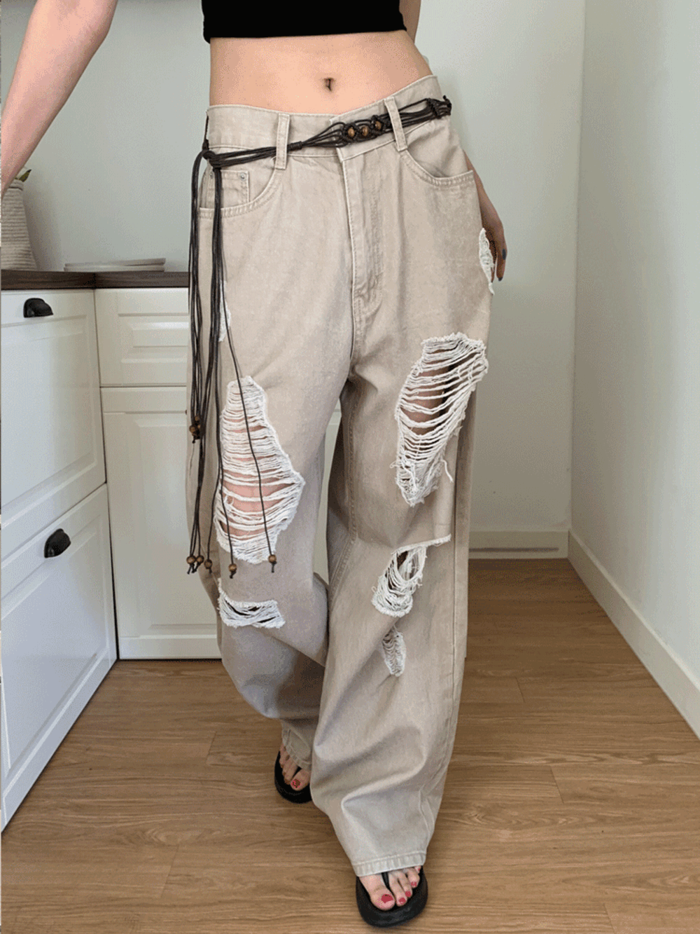 메건 데미지 찢청 와이드 팬츠