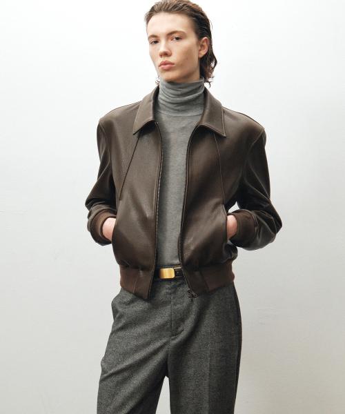 고트 슈렁큰 레더 블루종 (브라운)