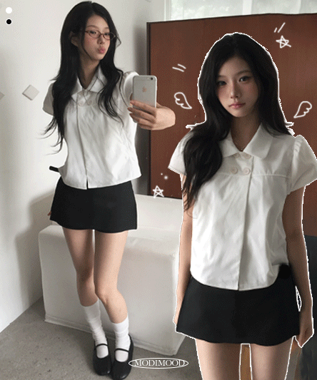 [코디문의폭주🖤] 하프핏 더블 카라 반팔 블라우스 -2color