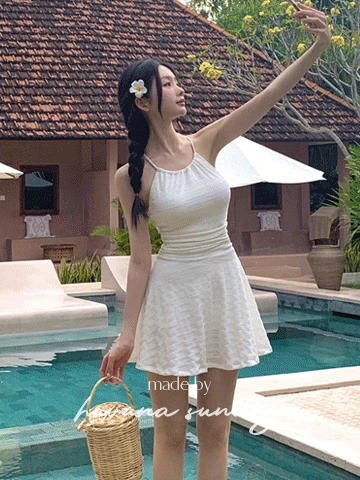 [MADE] [체형커버/부유방커버/A라인] 로맨틱 홀터넥 원피스 수영복 *아이보리XL, L, M 1/5 입고 후 순차적 발송예정