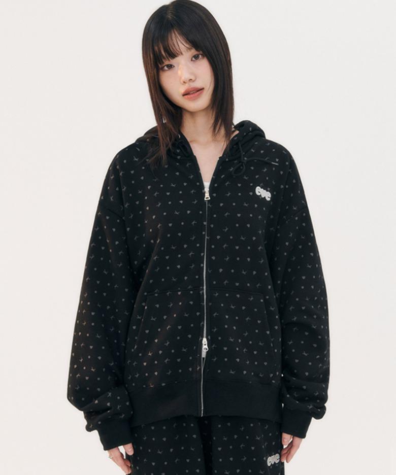 엠블러 남여공용 Ribbon And Bear Dot 자수 후드 집업 자켓 AZIP804 (블랙)