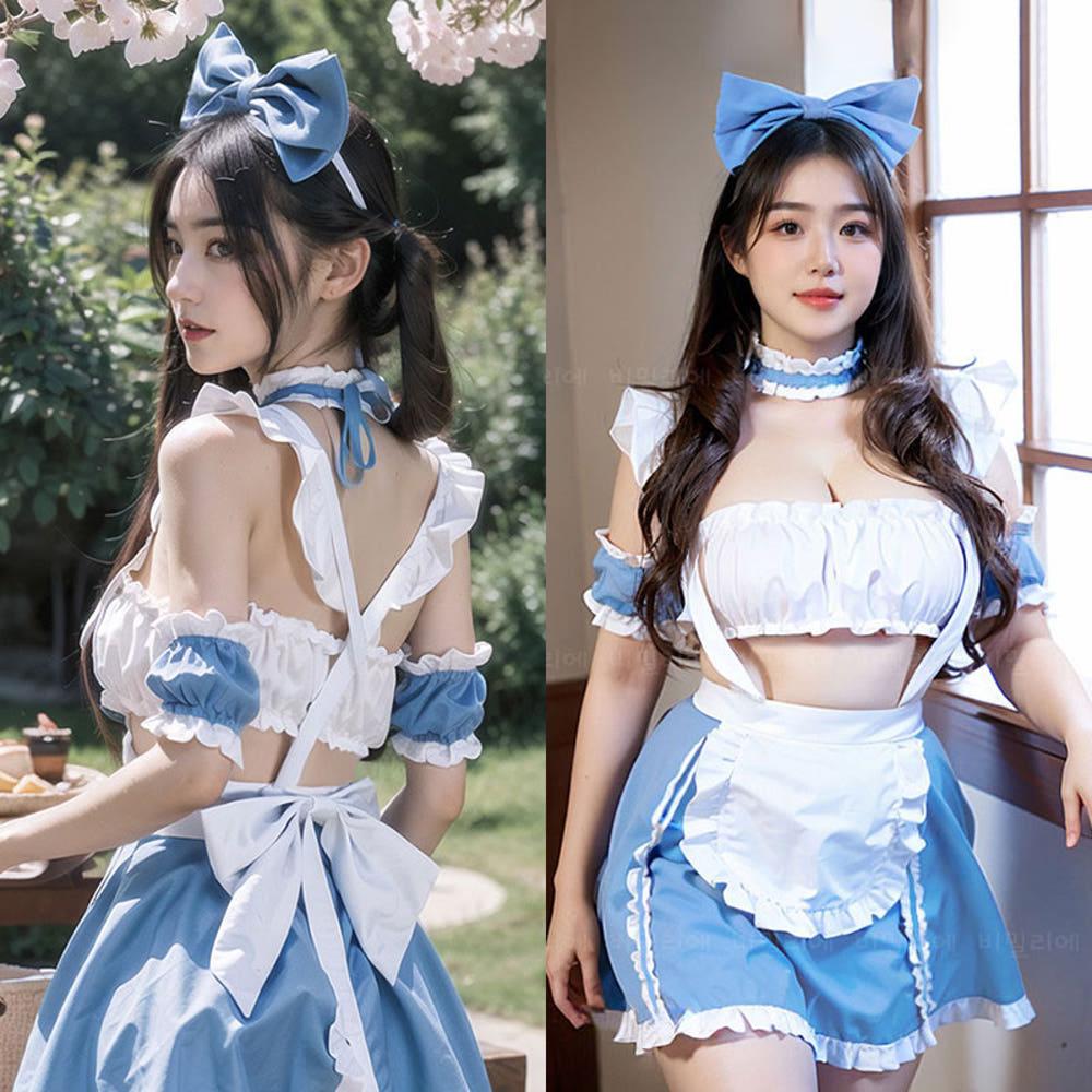 (스타킹포함)블루 빅사이즈 메이드복 코스프레 남자친구 섹시이벤트 여장 할로윈 코스튬 의상