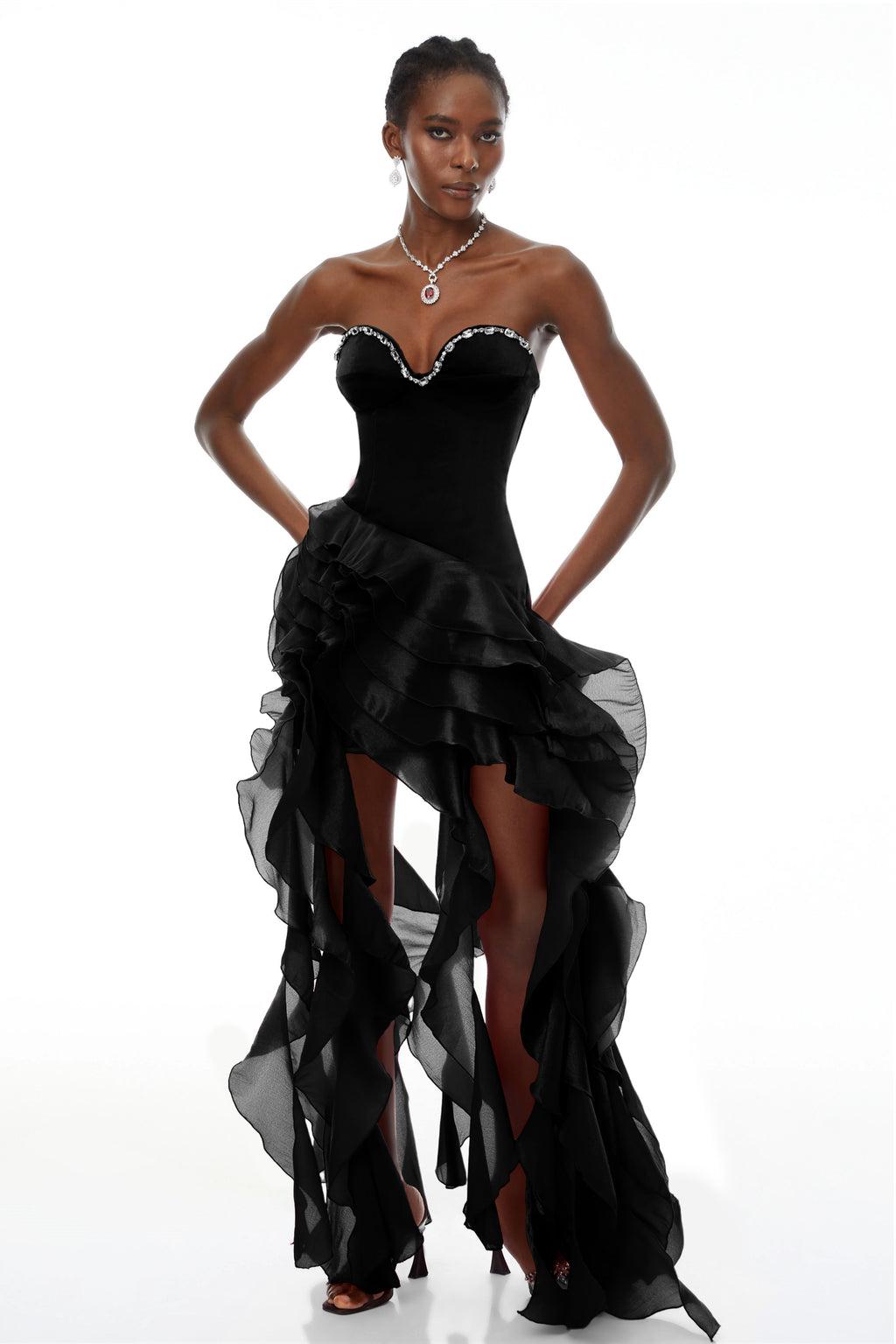 Lunetta Black Strapless Ruffled Maxi Dress