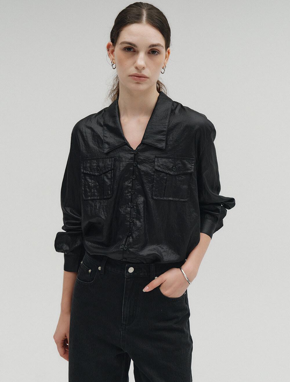 [2nd REORDER] POCKET BUTTON GLOSSY SHIRTS [BLACK]