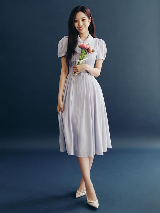 LILITH Stand collar pin tucked long dress (Ivory/Navy/Cornflower blue/Light pink)