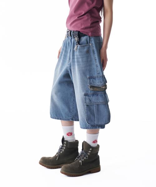 Camo Patch Bermuda Denim Cargo Pants (Blue)