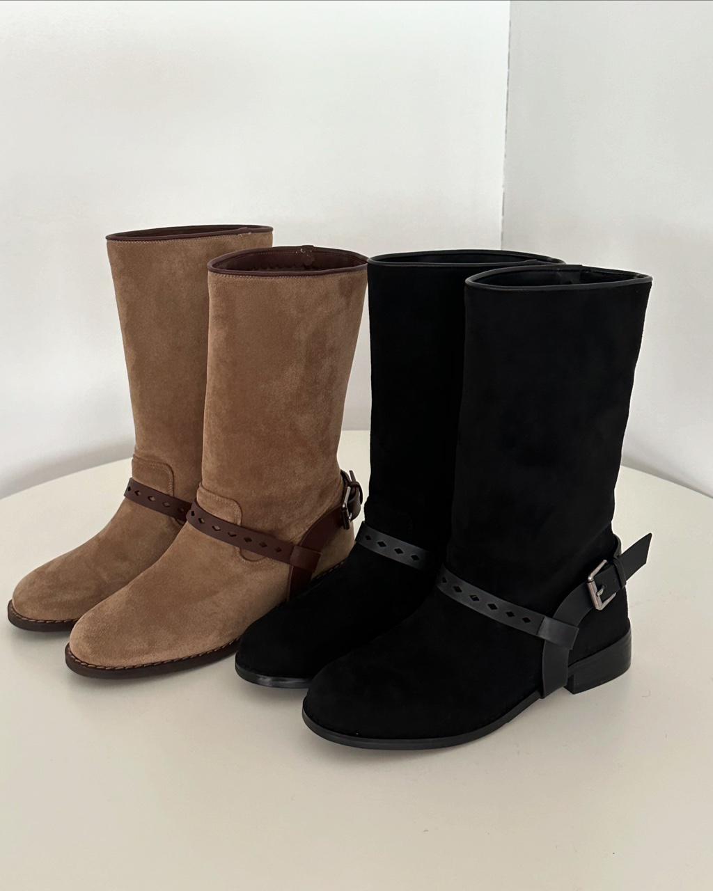 유인어스 멜비 여성 하프 발편한 버클 스웨이드 레더 부츠