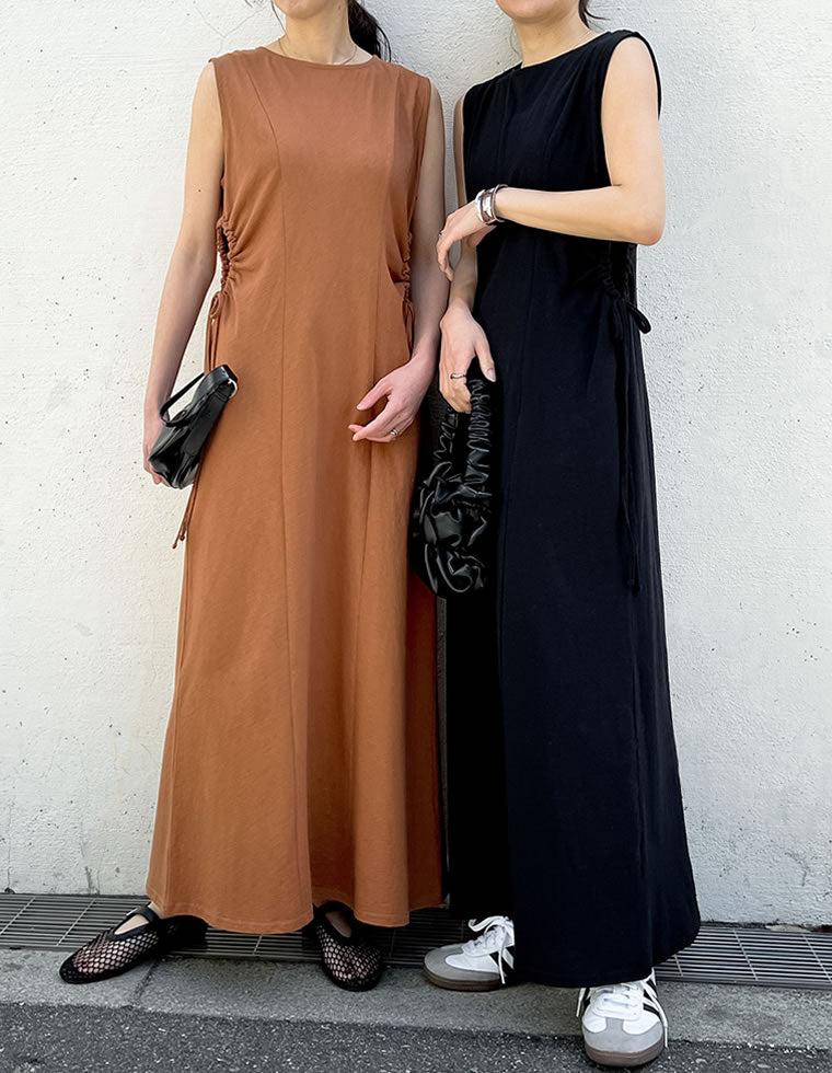 [低身長/高身長サイズ有]ウエストカットワークギャザーノースリーブワンピース[mb]